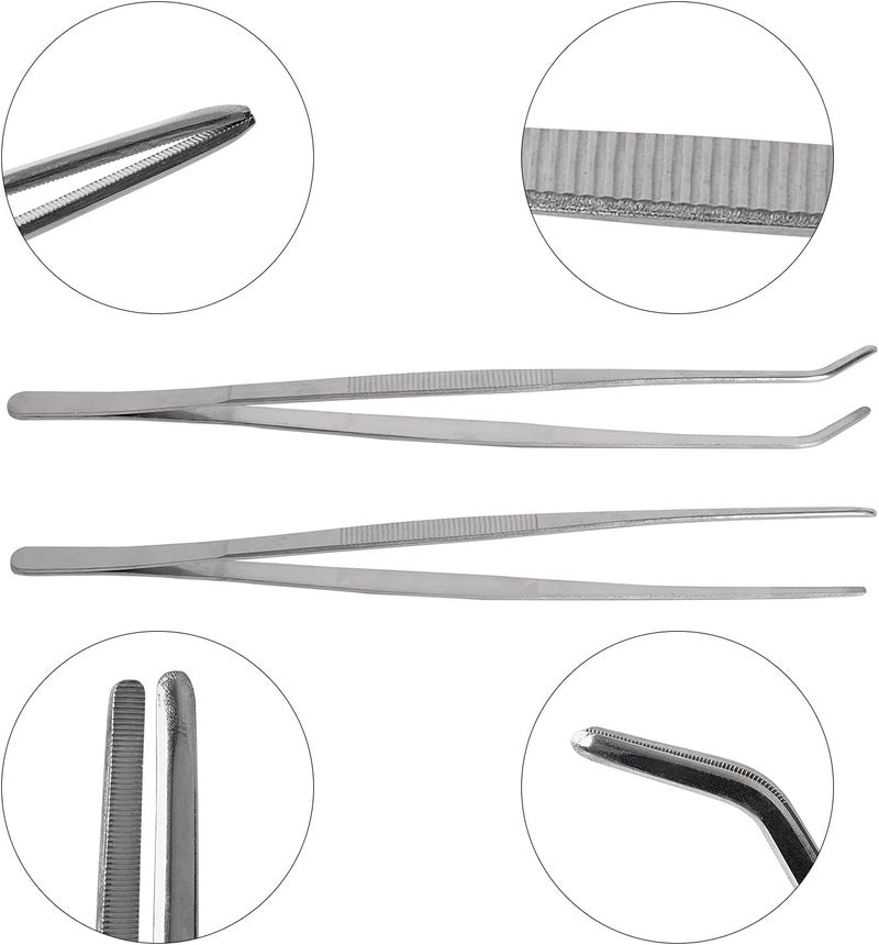 HSTECH 2 Pcs 12 Inch Long Handle Stainless Steel Straight and Curved Tweezers Nippers, Set with Serrated Tips Comfortable Ridged Handle for Garden, Kitchen, Indoors and Outdoors - Image 3