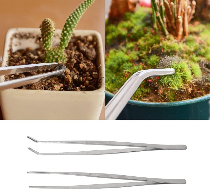 HSTECH 2 Pcs 12 Inch Long Handle Stainless Steel Straight and Curved Tweezers Nippers, Set with Serrated Tips Comfortable Ridged Handle for Garden, Kitchen, Indoors and Outdoors - Image 5