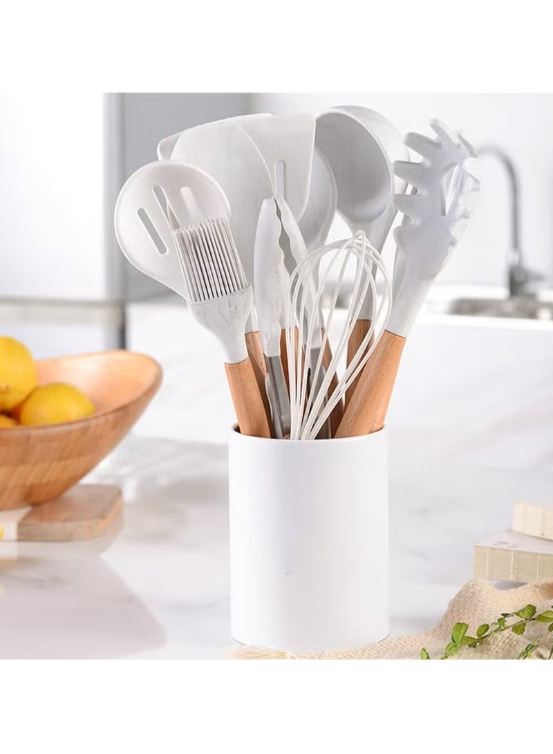 TIGER 11-Piece Silicone Non-Stick Cooking Utensil Set with Wooden Handle – White/Brown. 34cm – Heat-Resistant, BPA-Free, Ideal for Non-Stick Cookware, Complete Kitchen Set - Image 1