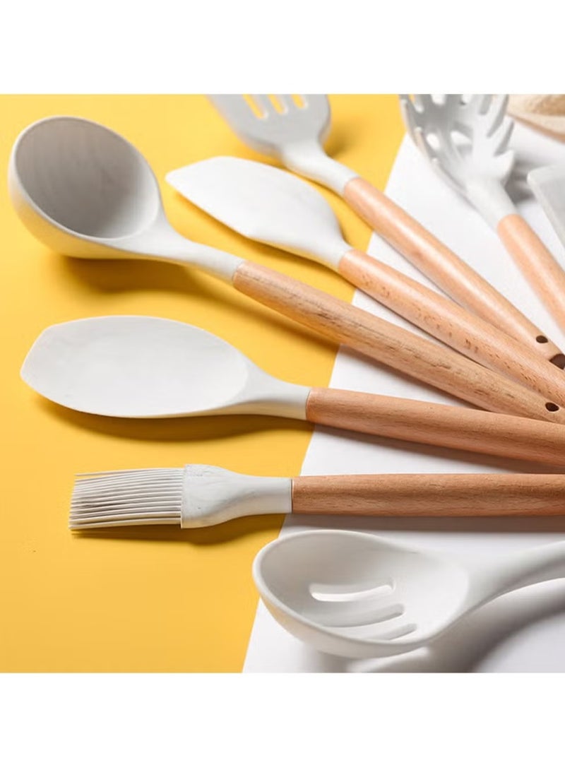 TIGER 11-Piece Silicone Non-Stick Cooking Utensil Set with Wooden Handle – White/Brown. 34cm – Heat-Resistant, BPA-Free, Ideal for Non-Stick Cookware, Complete Kitchen Set - Image 3