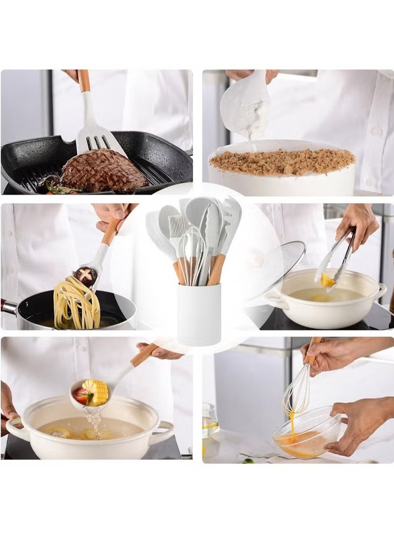 TIGER 11-Piece Silicone Non-Stick Cooking Utensil Set with Wooden Handle – White/Brown. 34cm – Heat-Resistant, BPA-Free, Ideal for Non-Stick Cookware, Complete Kitchen Set - Image 4