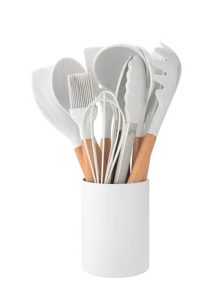 TIGER 11-Piece Silicone Non-Stick Cooking Utensil Set with Wooden Handle – White/Brown. 34cm – Heat-Resistant, BPA-Free, Ideal for Non-Stick Cookware, Complete Kitchen Set - Image 5