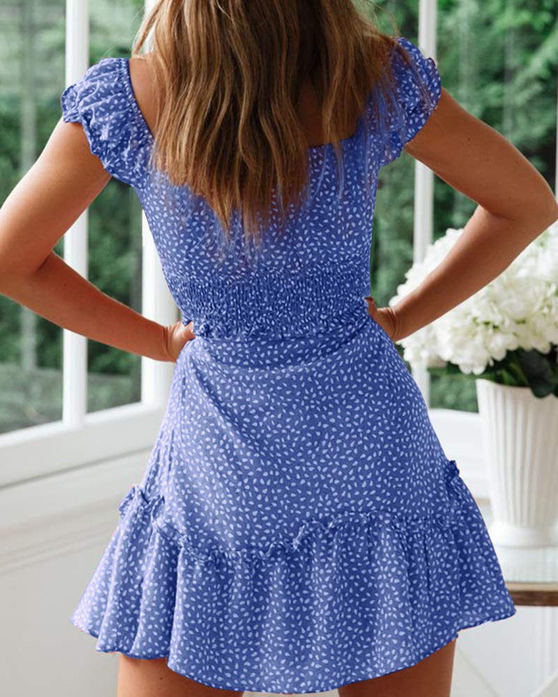YOBECHO Womens Summer Ruffle Sleeve Sweetheart Neckline Printing Dress Mini Dress Blue - Image 3