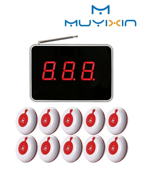 Wireless Calling System Customer Paging System for Restaurant Clinic Hospital Nursing Home Church Office Cafe Shop 1 Display Receiver and 10 Waterproof Call Button (white-red call button)