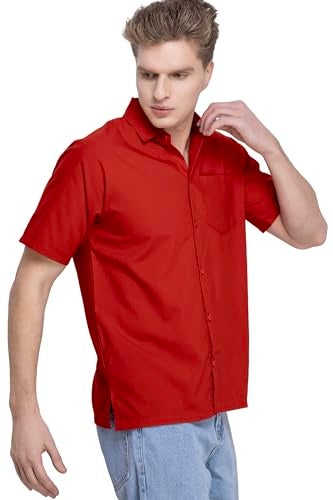 LA LEELA Men Short Sleeve Button Down Shirts Solid Shirt Summer Beach Vacation Tops with Pocket Spread Collar Casual Camp Dress Shirts M Red Plain - Image 1