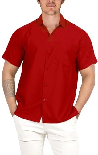 LA LEELA Men Short Sleeve Button Down Shirts Solid Shirt Summer Beach Vacation Tops with Pocket Spread Collar Casual Camp Dress Shirts M Red Plain - Image 2