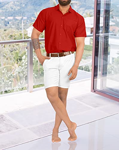 LA LEELA Men Short Sleeve Button Down Shirts Solid Shirt Summer Beach Vacation Tops with Pocket Spread Collar Casual Camp Dress Shirts M Red Plain - Image 3