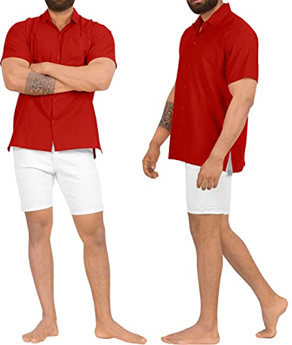 LA LEELA Men Short Sleeve Button Down Shirts Solid Shirt Summer Beach Vacation Tops with Pocket Spread Collar Casual Camp Dress Shirts M Red Plain - Image 4