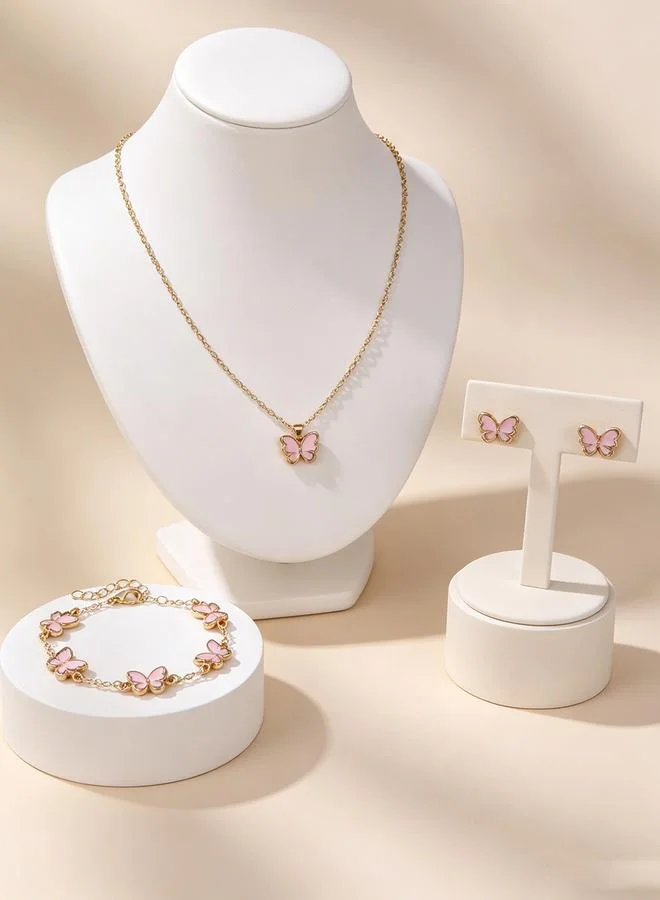 Girls Pink Butterfly Charm Necklace, Bracelet and Earrings Set