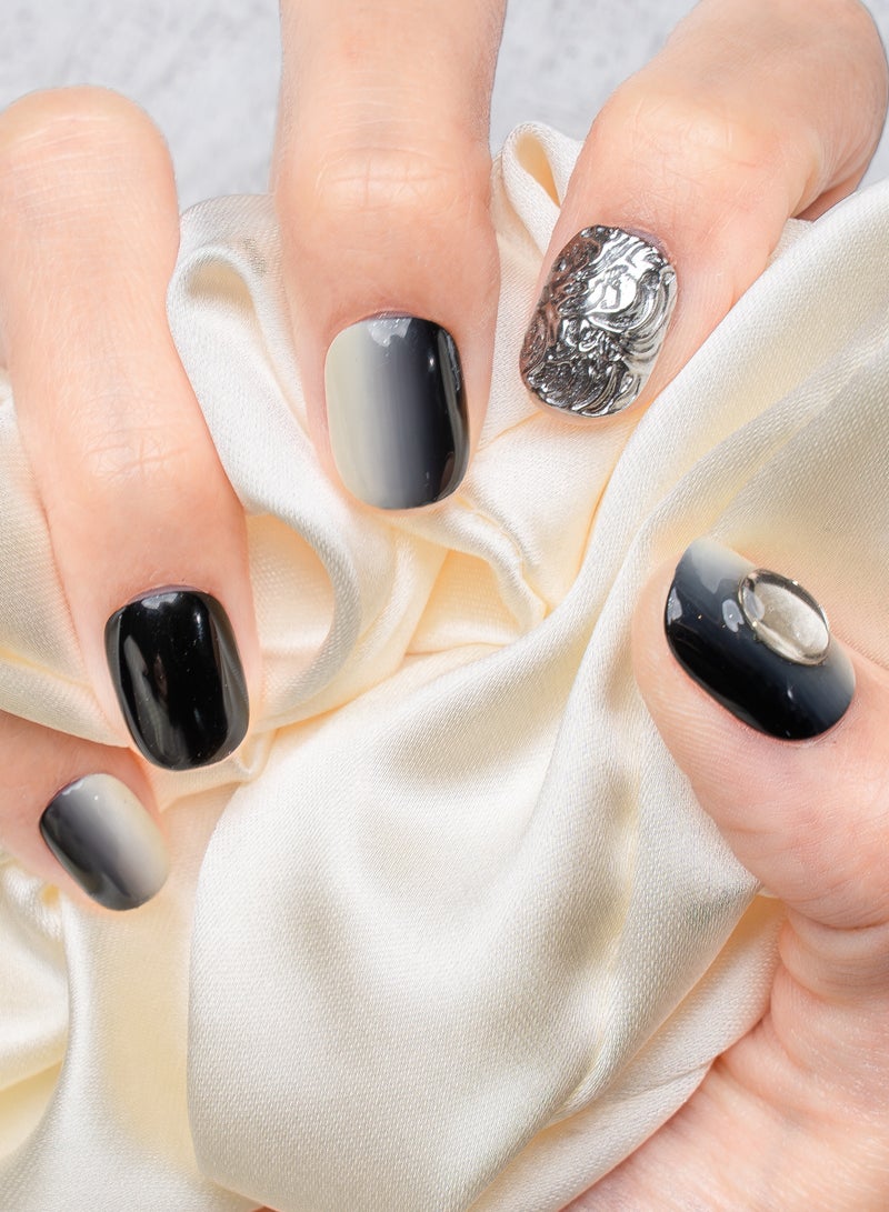 Nailosophy 10 Pcs Handmade Gel Press On Nails Short Square Black White Silver Chrome Ombre Embossed Reusable False Nails Nail Kit for Women Wedding Party Special Occasions Eid - Image 2