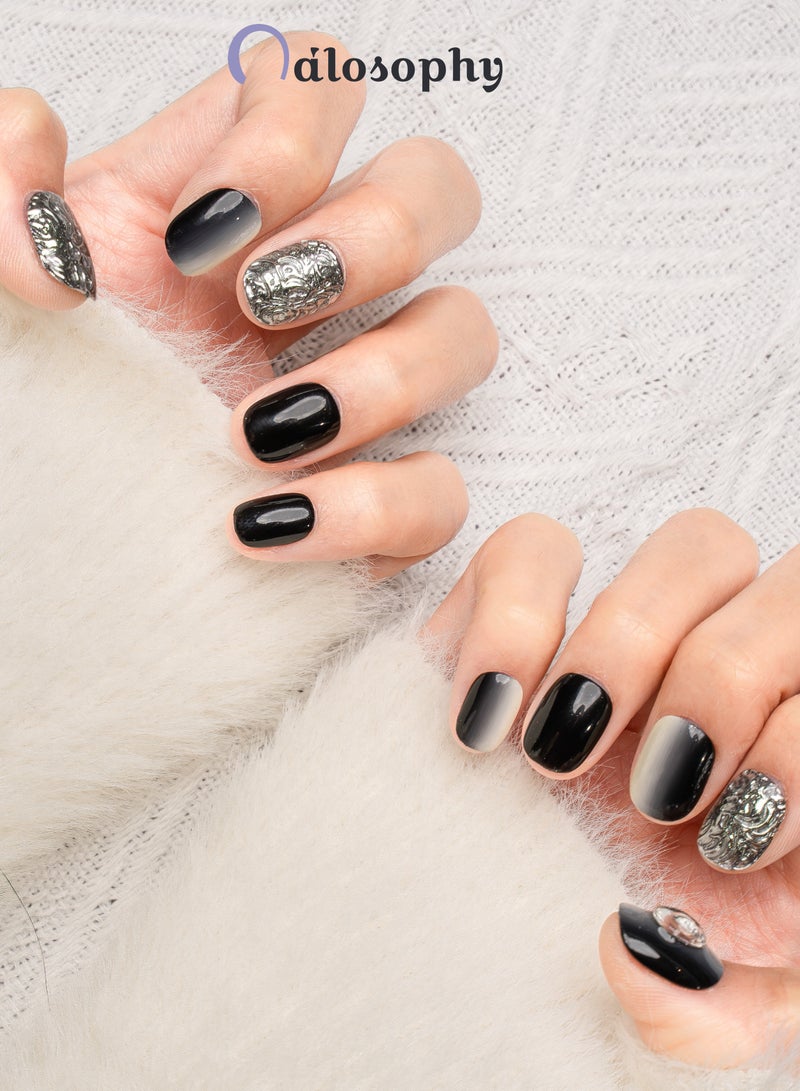 Nailosophy 10 Pcs Handmade Gel Press On Nails Short Square Black White Silver Chrome Ombre Embossed Reusable False Nails Nail Kit for Women Wedding Party Special Occasions Eid - Image 3