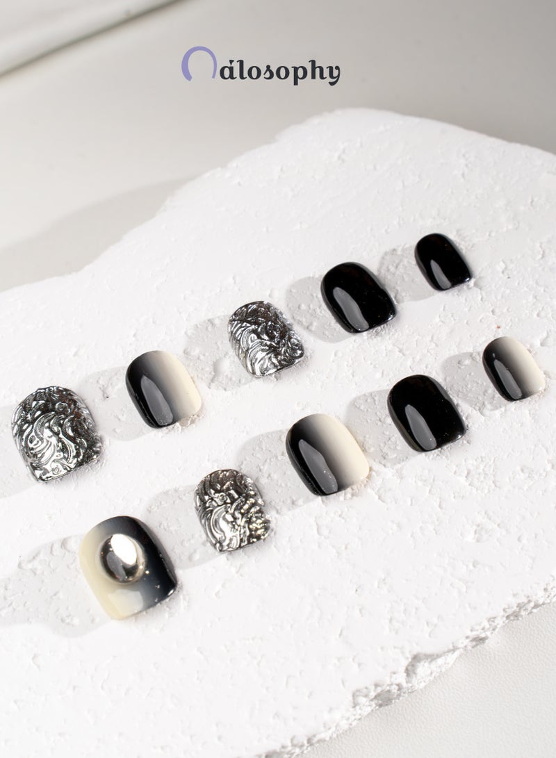 Nailosophy 10 Pcs Handmade Gel Press On Nails Short Square Black White Silver Chrome Ombre Embossed Reusable False Nails Nail Kit for Women Wedding Party Special Occasions Eid - Image 4