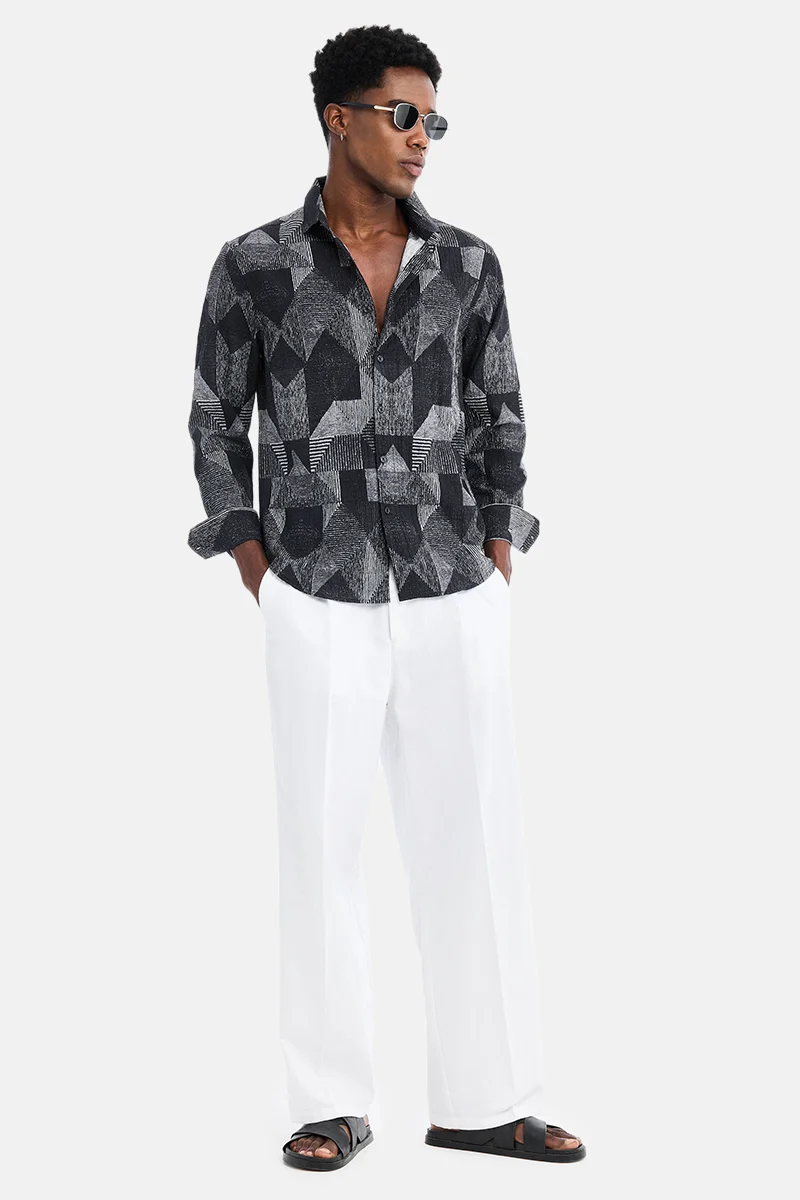 سنيتش Black Geometric Long Sleeve Regular Fit Casual Shirt