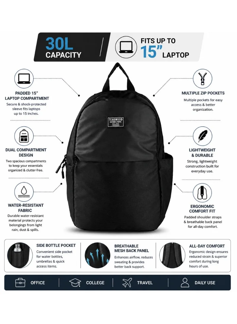TEAKWOOD Teakwood 30L Business Laptop Backpack for Men & Women | Fits up to 15 " Laptop | Premium Black Office, College & Travel Backpack | Water-Resistant | Dual Compartment | Ergonomic Back Support | Lightweight Durable Design