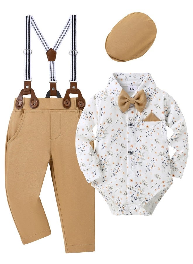 DISAUR Baby Boy Wedding Outfit Clothes Suit Gentleman Wedding Outfits 4PCS with Dress Shirt Beret Hat Suspender Pants Bowtie for 6-9 Months（White/khaki） - Image 1