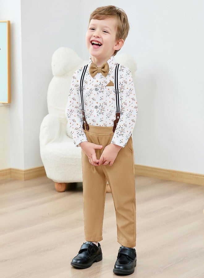 DISAUR Baby Boy Wedding Outfit Clothes Suit Gentleman Wedding Outfits 4PCS with Dress Shirt Beret Hat Suspender Pants Bowtie for 6-9 Months（White/khaki） - Image 3
