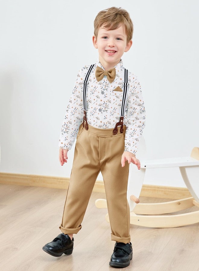 DISAUR Baby Boy Wedding Outfit Clothes Suit Gentleman Wedding Outfits 4PCS with Dress Shirt Beret Hat Suspender Pants Bowtie for 6-9 Months（White/khaki） - Image 4