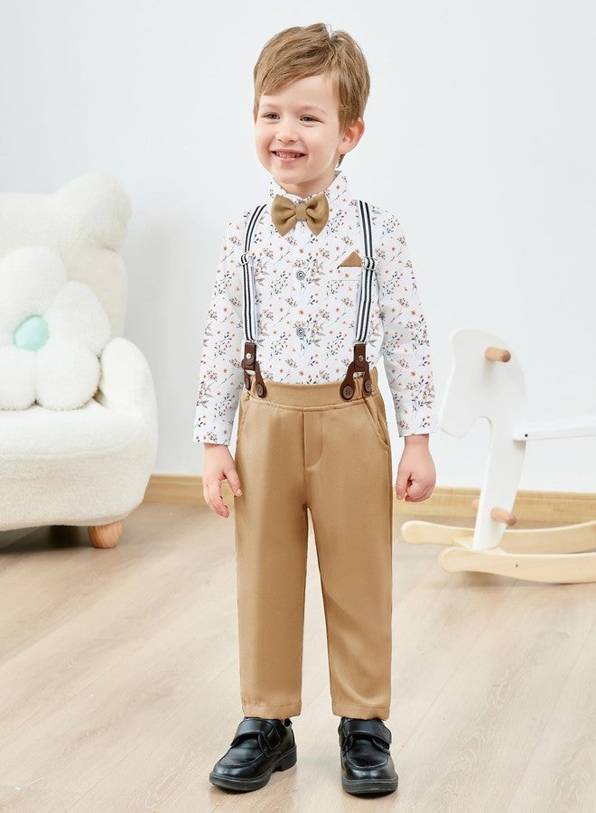 DISAUR Baby Boy Wedding Outfit Clothes Suit Gentleman Wedding Outfits 4PCS with Dress Shirt Beret Hat Suspender Pants Bowtie for 6-9 Months（White/khaki） - Image 2