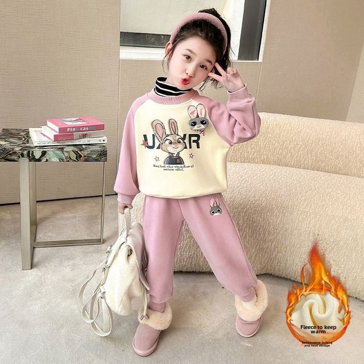 fleece-lined Girls suit Winter 2024 New Childrens Western Style Three-Dimensional Decorative Cartoon Rabbit Childrens Two-Piece Set Pink [velvet] 097 # 