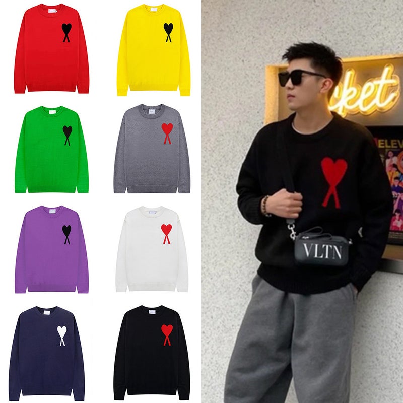 Round Neck Red Heart Knitwear For Men And Women, Jacquard Heart Aml Clams Casual Pullover Knitwear - Image 3