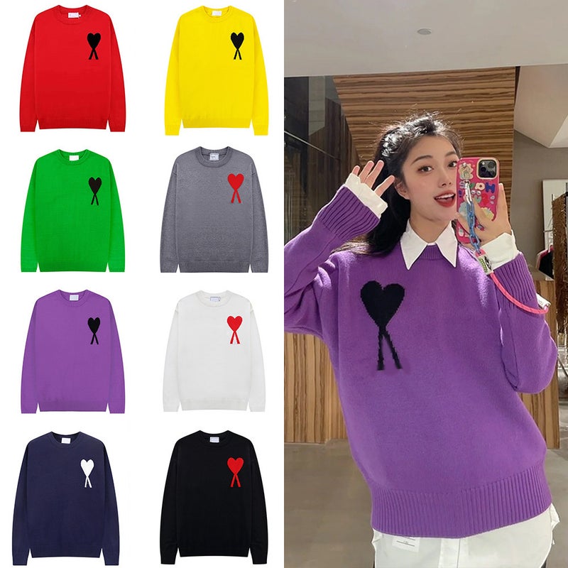 Round Neck Red Heart Knitwear For Men And Women, Jacquard Heart Aml Clams Casual Pullover Knitwear - Image 2