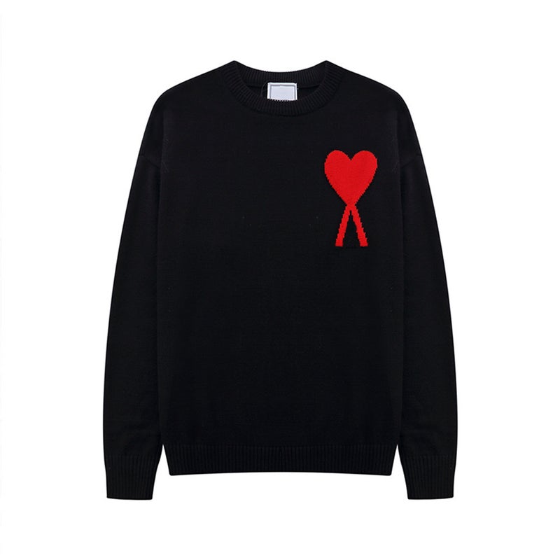 Round Neck Red Heart Knitwear For Men And Women, Jacquard Heart Aml Clams Casual Pullover Knitwear - Image 1
