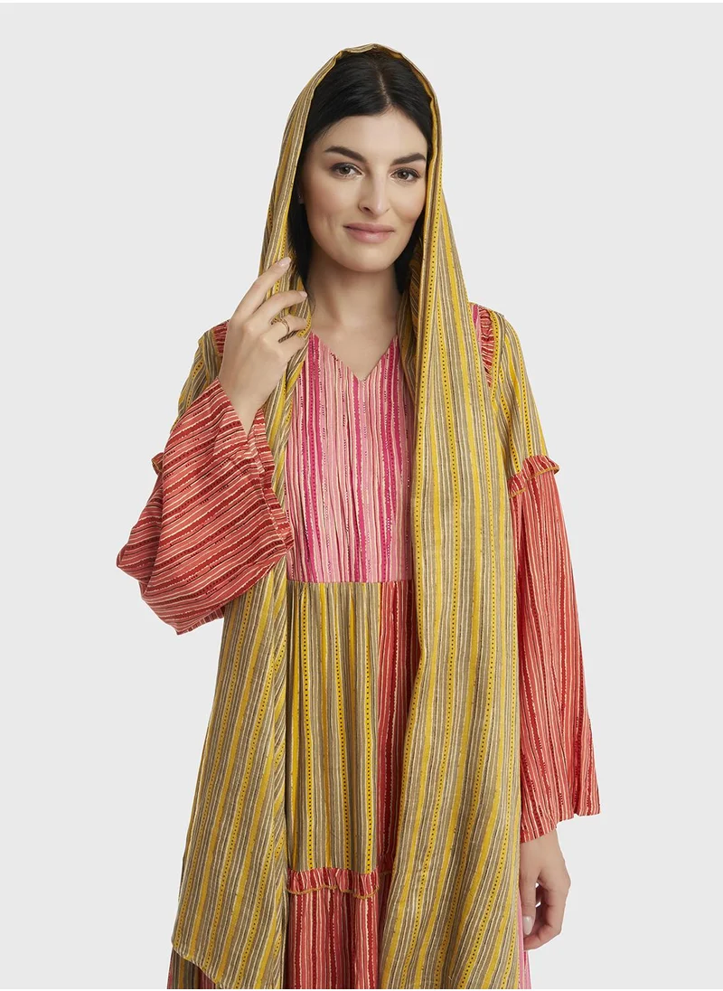 KASHKHA Layered Linear Print Rayon Jalabiya with Scarf