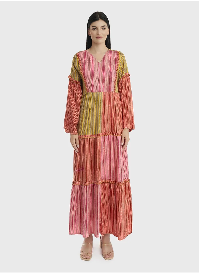 KASHKHA Layered Linear Print Rayon Jalabiya with Scarf