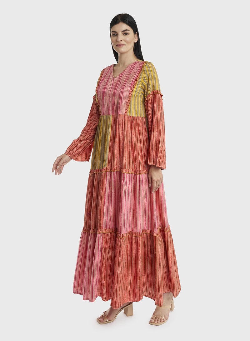 KASHKHA Layered Linear Print Rayon Jalabiya with Scarf - Image 3