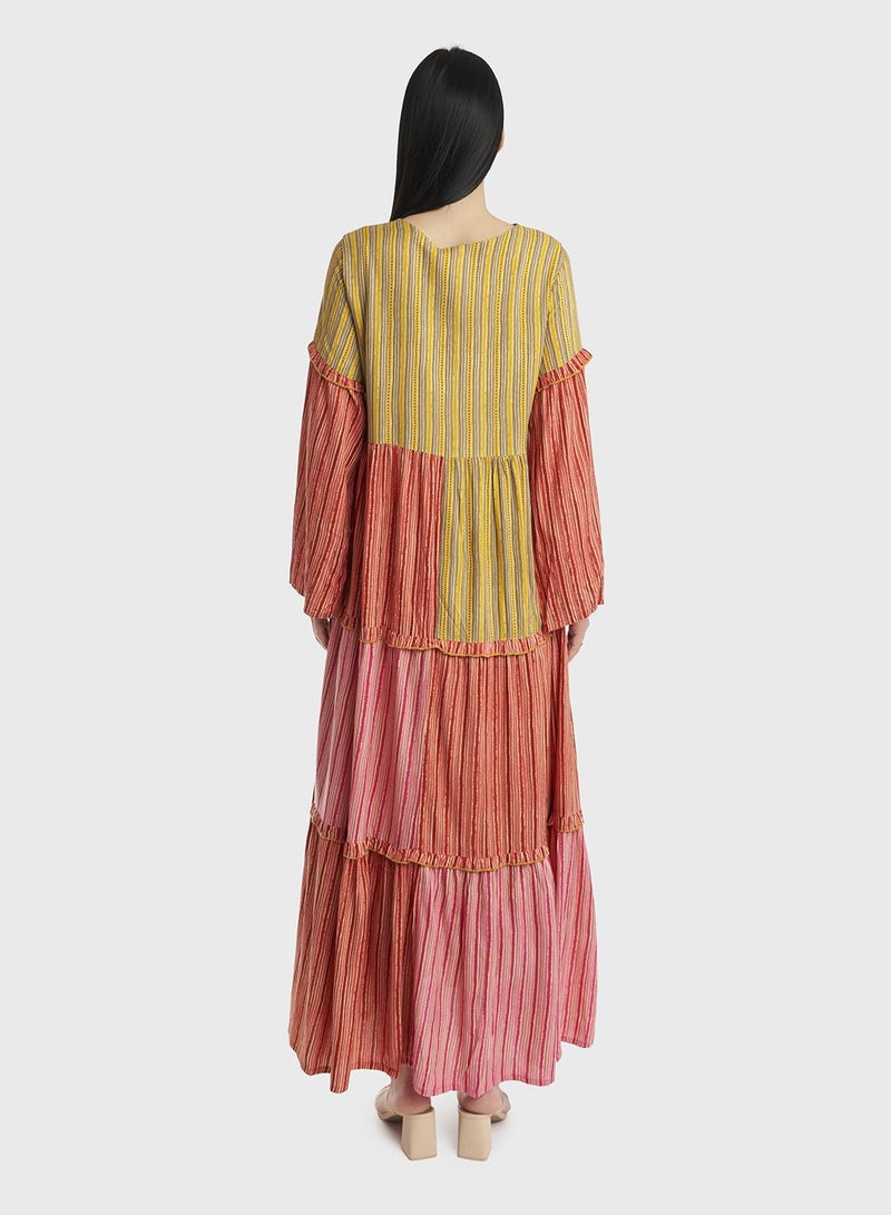 KASHKHA Layered Linear Print Rayon Jalabiya with Scarf - Image 4