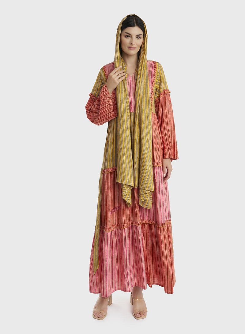 KASHKHA Layered Linear Print Rayon Jalabiya with Scarf - Image 5