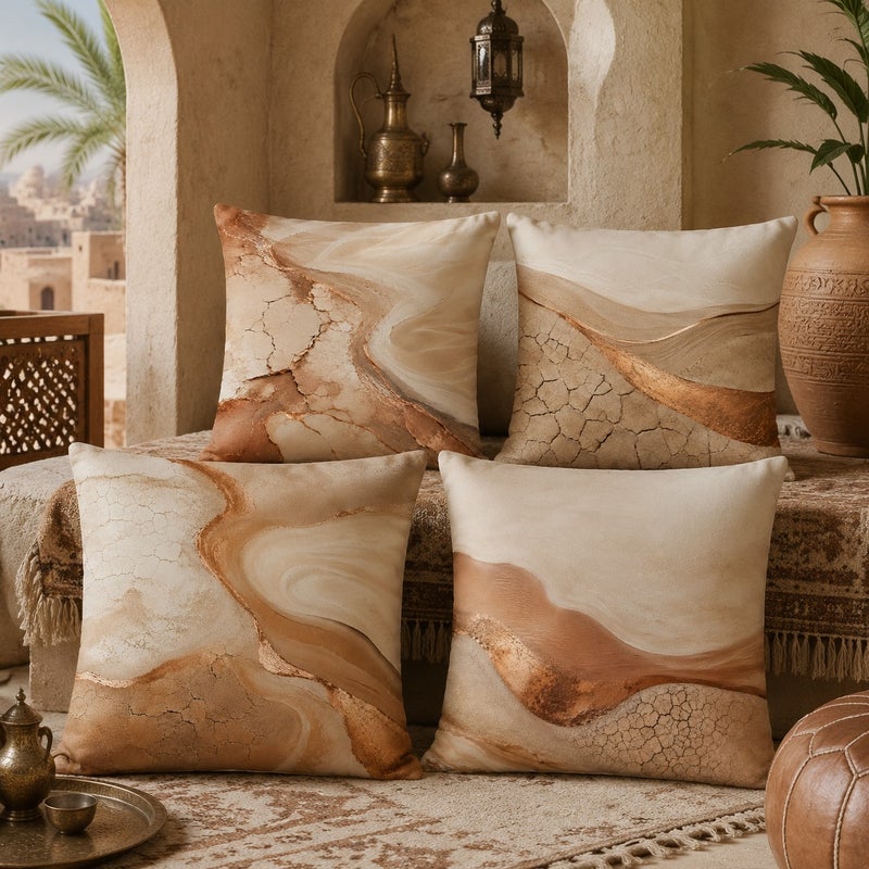 طقم من 4 أغطية وسائد ديكورية بتصميم رخامي تجريدي بألوان بيج وبني أنيقة، لمسة فاخرة للكنب وغرفة المعيشة والديكور العربي - Image 2