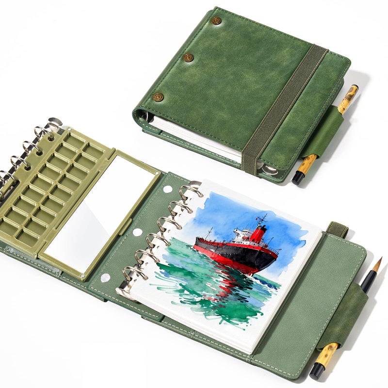 Lightwish Portable Watercolor Sketchbook Set - 100% Cotton Hot Press 5.1x4.3 Inch 20Sheets Binder Art Journal with 18-Well Ceramic Paint Palette & Travel Watercolor Brushes for Artists Outdoor Painting - Image 1