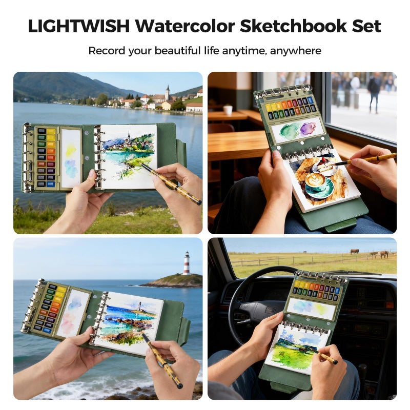 Lightwish Portable Watercolor Sketchbook Set - 100% Cotton Hot Press 5.1x4.3 Inch 20Sheets Binder Art Journal with 18-Well Ceramic Paint Palette & Travel Watercolor Brushes for Artists Outdoor Painting - Image 2