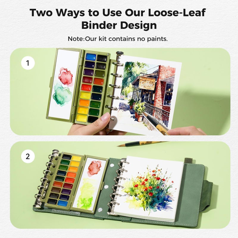 Lightwish Portable Watercolor Sketchbook Set - 100% Cotton Hot Press 5.1x4.3 Inch 20Sheets Binder Art Journal with 18-Well Ceramic Paint Palette & Travel Watercolor Brushes for Artists Outdoor Painting - Image 5