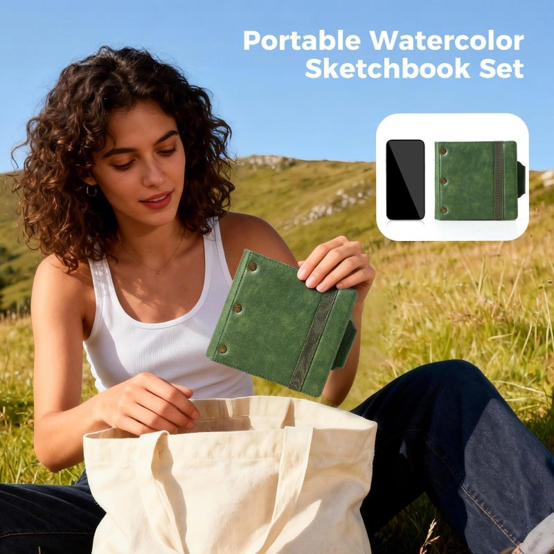 Lightwish Portable Watercolor Sketchbook Set - 100% Cotton Hot Press 5.1x4.3 Inch 20Sheets Binder Art Journal with 18-Well Ceramic Paint Palette & Travel Watercolor Brushes for Artists Outdoor Painting - Image 4