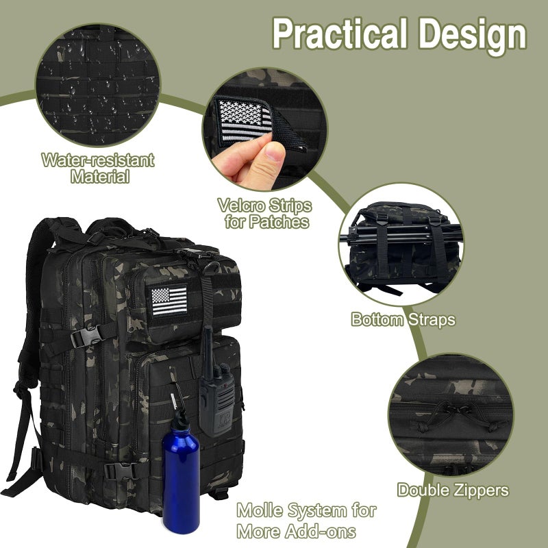 WOLT Military Tactical Backpack for Men 45L Molle Backpack 3 Day Assault Pack Bug Out Bag, Heavy Duty Rucksack for Hiking Gym, Camouflage Black - Image 3