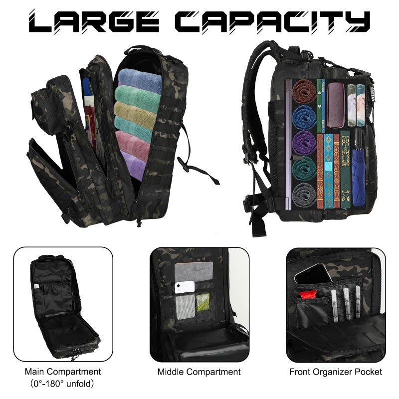 WOLT Military Tactical Backpack for Men 45L Molle Backpack 3 Day Assault Pack Bug Out Bag, Heavy Duty Rucksack for Hiking Gym, Camouflage Black - Image 4