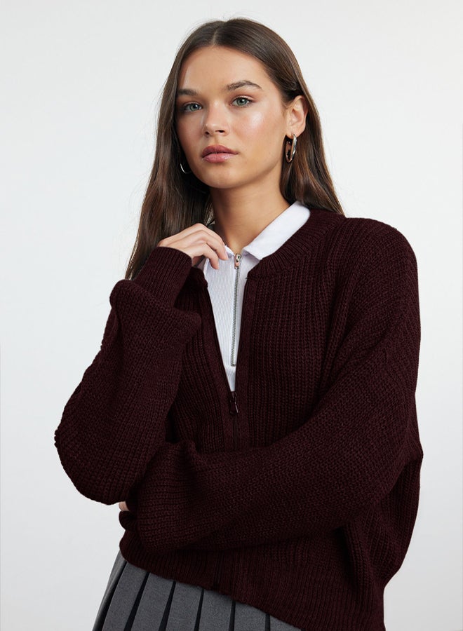 trendyol Wide Pattern Bomber Collar Zippered Knitwear Cardigan - Image 1