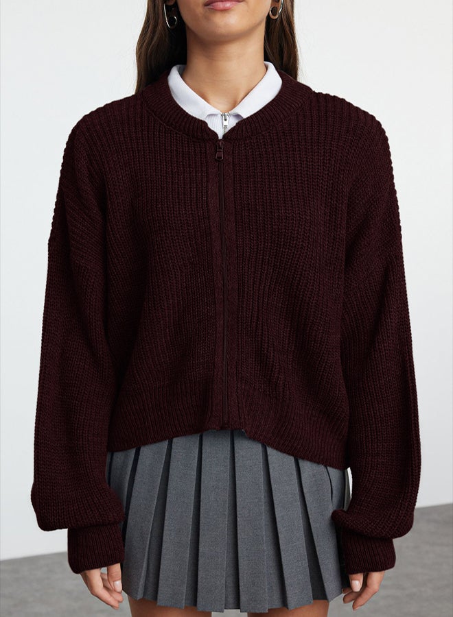 trendyol Wide Pattern Bomber Collar Zippered Knitwear Cardigan - Image 3