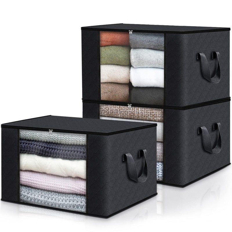 Fab totes 3 Pack Clothes Storage Foldable Thick Fabric Blanket Storage Bags Containers for Organizing Bedroom Closet Clothing ComforterCloset Organization with HandleBlack
