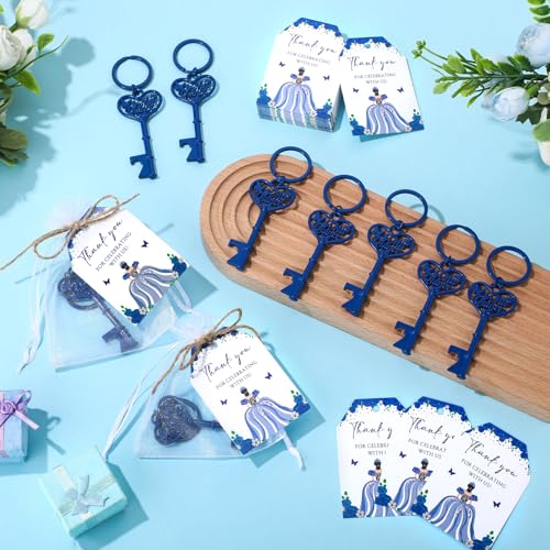 Aurelema 50 Sets Quinceanera Party Favors for Guests Butterfly Bottle Opener Keychain Thank You Tag Organza Bag Sweet 15 Years Quinceanera Gifts for Birthday Party Supplies (Blue) - Image 5