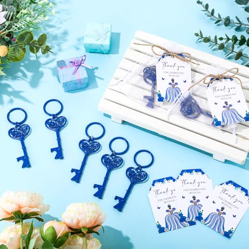 Aurelema 50 Sets Quinceanera Party Favors for Guests Butterfly Bottle Opener Keychain Thank You Tag Organza Bag Sweet 15 Years Quinceanera Gifts for Birthday Party Supplies (Blue) - Image 4