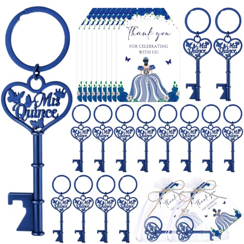 Aurelema 50 Sets Quinceanera Party Favors for Guests Butterfly Bottle Opener Keychain Thank You Tag Organza Bag Sweet 15 Years Quinceanera Gifts for Birthday Party Supplies (Blue) - Image 1