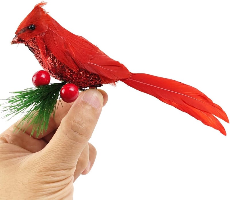 NSBELL 10PCS Artificial Red Cardinal Birds Clip on Pine Branches -Christmas Realistic Feathered Birds with Clip for Christmas Tree Ornament Decorations, Arts and Crafts - Image 3