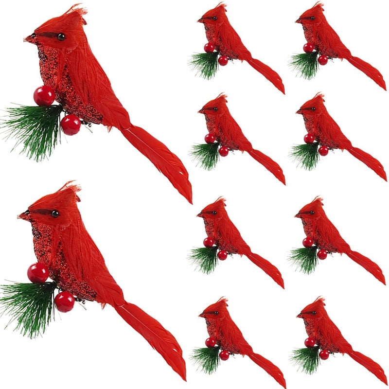 NSBELL 10PCS Artificial Red Cardinal Birds Clip on Pine Branches -Christmas Realistic Feathered Birds with Clip for Christmas Tree Ornament Decorations, Arts and Crafts - Image 1