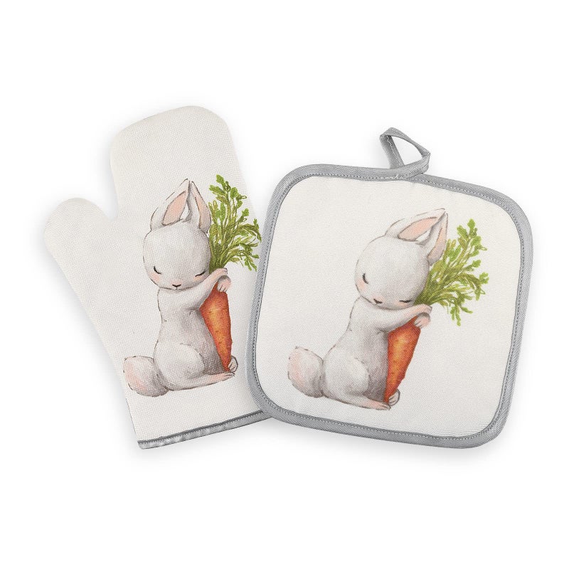 Spring Cute Bunny Rabbit Print Oven Gloves and Pot Holders Set Cute Rabbit Print Pot Holders and Oven Mitts for Kitchen Cooking and Baking Easter Gifts