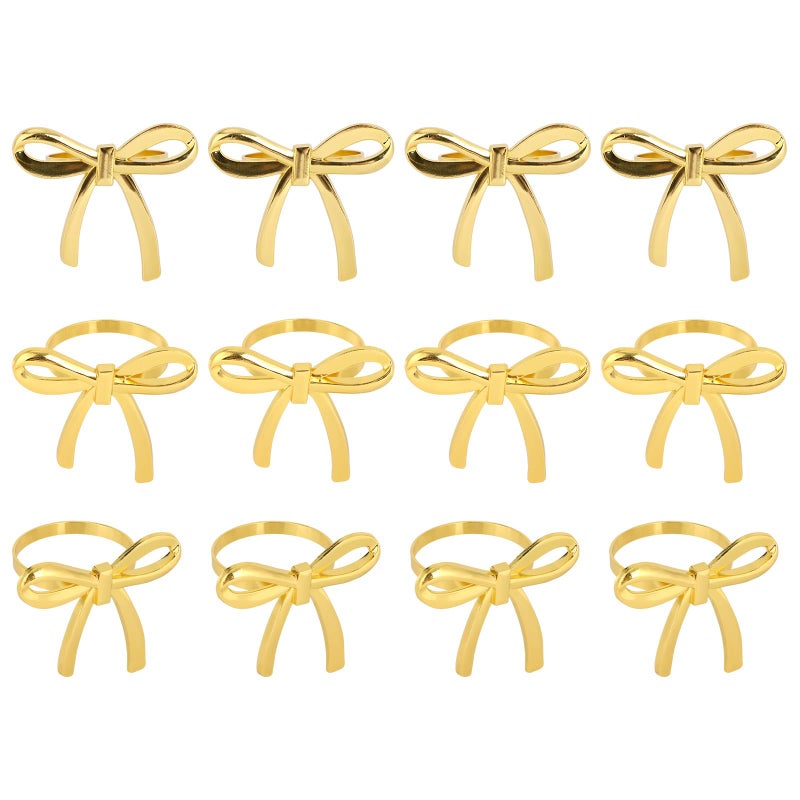Penitue 12pcs Gold Bow Napkin Rings, Zinc Alloy Bow Butterfly Napkin Holder Buckles for Wedding Banquet Candlelight Dinner Party Anniversary Birthday Gatherings Table Decoration - Image 1
