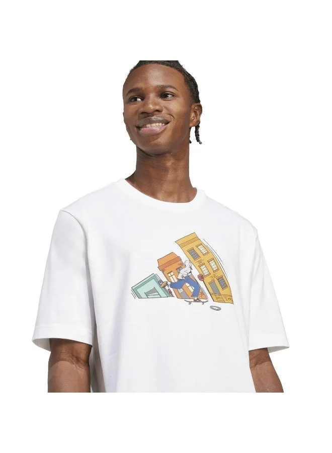 اديداس تي شيرت رجالي بطبعة جرافيك أبيض بأكمام قصيرة