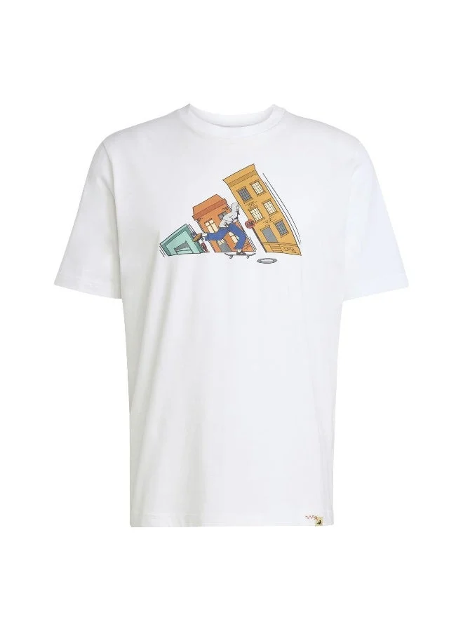 اديداس تي شيرت رجالي بطبعة جرافيك أبيض بأكمام قصيرة